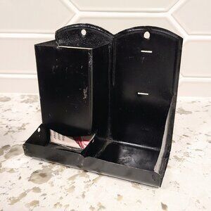Antique Hanging Wall Matchbox Holder, Late Victorian, Press Steel & Black Enamel